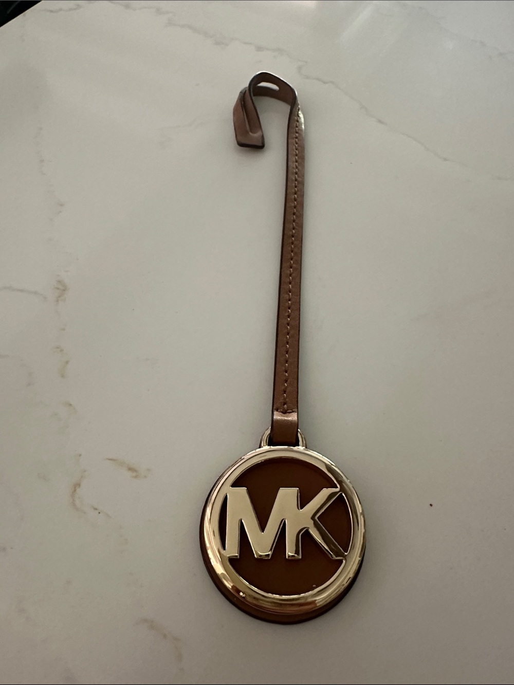Michael Kors Tan and Gold MK Round Leather Luggage Tag